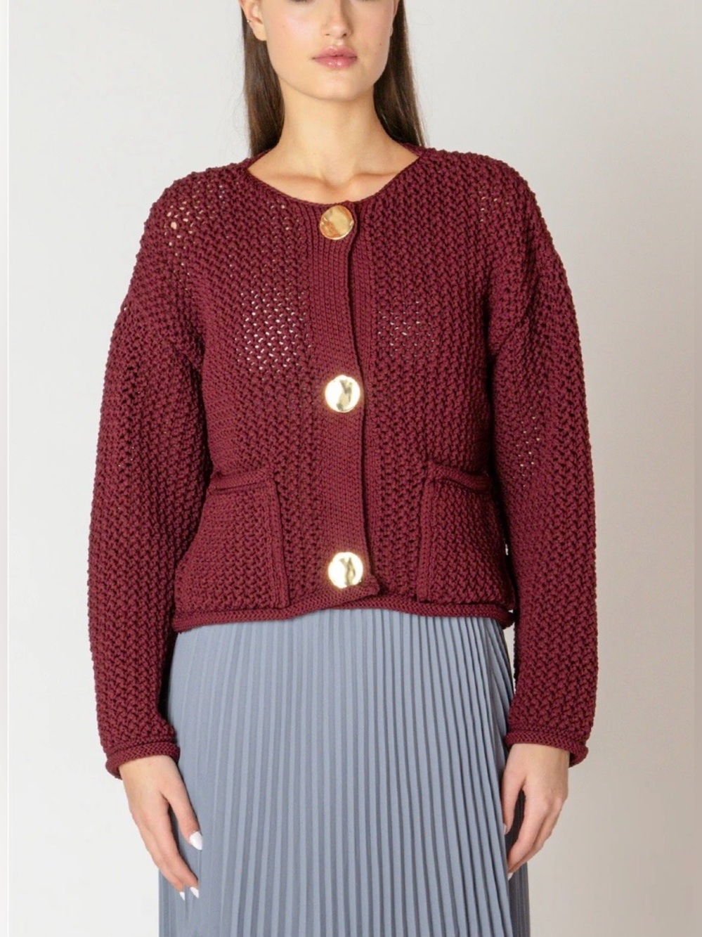 entro Maroon Crochet Open-Knit Button Cardigan NWT